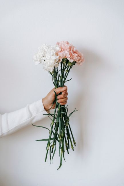 A person wearing a white long-sleeved garment holds a bouquet of fresh white and soft pink carnations, with green stems and leaves visible. The bouquet is loosely arranged, with some stems extending d