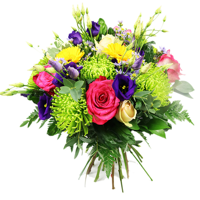 This richly coloured, hand-tied bouquet is shown against a stark white background, allowing each bloom to stand out with almost painterly clarity, much like a still-life you might see in one of Camberwell's local galleries. At its core, several hot pink roses sit in full bloom, their petals velvety and deeply layered, creating a sense of opulence and romance. Encircling these are lime-green spider chrysanthemums whose fine, spiky petals reach outward in all directions, delivering a bright pop of chartreuse and a distinctly modern texture that enlivens the composition. Deep indigo and royal purple lisianthus wind their way through the arrangement, with some flowers open into soft, ruffled cups and others still elegantly furled, giving the bouquet depth and a quietly luxurious tone. Scattered between the richer colours are bright yellow gerbera-style or daisy-like flowers, their round, open faces bringing a cheerful, sunlit quality that suggests celebration and good news. Nestled near the base, a single cream or pale yellow rose bud curls inward, its petals softly spiralled, adding a gentle, romantic counterpoint. Delicate filler flowers in lavender and light pink fill the small gaps, while slender green buds and stems rise above the main blooms, lending height and a feeling of fresh growth. Enveloping the flowers is an abundant ring of greenery: glossy dark green leaves, more muted eucalyptus-like stems, and airy fern fronds that add texture and a natural, garden-inspired finish. The stems are carefully gathered and bound in the classic hand-tied style, ready to be placed in a vase on a Camberwell windowsill or dining table. Altogether, the bouquet radiates joy, appreciation, and vibrant life, ideal for birthdays, anniversaries, or a thoughtful just because delivery across SE5.