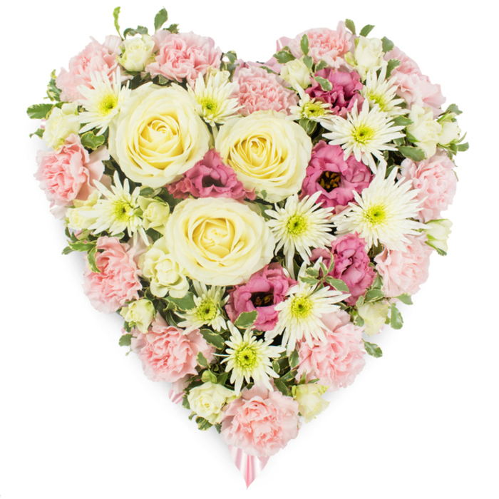 A richly detailed, heart-shaped flower arrangement stands out clearly against a smooth white backdrop, every petal and curve carefully considered to convey remembrance and love, much like the personal tributes seen at local churches and chapels around Camberwell. The heart is densely packed yet elegantly balanced, featuring a gentle palette of pastel pink, creamy yellow, crisp white, and sumptuous magenta tones. At its centre, several large creamy yellow roses with perfectly spiralled petals serve as glowing focal points, their rounded forms and soft hue suggesting tenderness, gratitude, and enduring connection. Encircling these roses, a generous mass of pale pink carnations forms the primary structure of the heart, their frilled, textured petals creating a velvety surface that clearly defines the familiar symbol of devotion. Interlaced among the carnations, bright white spider chrysanthemums appear with their fine, radiating petals and fresh green cores, adding a sense of lightness and intricate structure that keeps the design from feeling heavy. Deeper magenta-pink lisianthus blooms are strategically placed throughout the tribute; their bell-shaped flowers and richer colour sit like precious jewels in the pastel field, drawing the eye and mirroring those deeper emotions that accompany loss. Small touches of natural greenery peek between blooms, giving the sense that this heart could have been gathered from local gardens near Myatt's Fields Park, then carefully shaped by a skilled florist. At the slender point at the bottom, a subtle pink ribbon makes a discreet appearance, reinforcing that this is a considered funeral or sympathy arrangement. The entire composition feels complete, balanced, and full, offering a heartfelt floral message of comfort and respect for a life remembered within the Camberwell community.