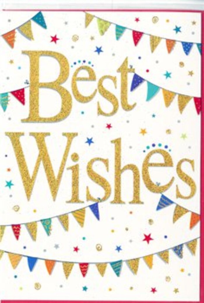 A bright, celebratory Best Wishes card is shown in close detail, its design echoing the colourful spirit of Camberwell's local streets and weekend gatherings. At the heart of the card, the words Best Wishes sweep across the centre in elegant, looping gold script that appears slightly embossed, as though carefully finished with glittering foil. The gold letters have a tactile look, suggesting a soft shimmer when the light moves across them, like reflections in the windows of cafés along Camberwell Green. Surrounding this central message, strings of decorative bunting arc gracefully from edge to edge. Each tiny flag is a different vivid colour-crimson, teal, lime, cobalt, and warm orange-and decorated with playful patterns: some with neat stripes, others with tiny dots, diamonds, and mosaic-like motifs. These pennants feel almost hand-painted, giving the design a personal, crafted touch. Between the bunting strands, the white background remains clean and bright, sprinkled with miniature stars and dots in matching tones. These scattered shapes resemble confetti floating mid-air, hinting at movement and the excitement of shared celebration, much like the buzz of a busy evening around Camberwell's restaurants. The composition is carefully balanced, with the arcs of bunting gently cradling the central words so the eye is drawn first to the gold script and then allowed to wander over the colourful details. The overall mood is uplifting and warm, ideally suited to accompany a congratulatory bouquet for a graduation, new home, or fresh chapter in life. It feels like a card chosen with intention, ready to travel with same-day delivery across Camberwell, carrying with it a sense of sincere support, happiness, and hopeful new beginnings.