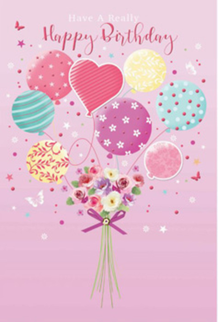 Whimsical birthday card artwork showing a pastel balloon bouquet carrying a small garden of flowers, illustrated with the easy charm of a Camberwell side street in late afternoon. The background is a soft, rosy pink wash, like the sky settling behind Camberwell Green, against which clusters of balloons float lightly. Rounded and heart-shaped balloons glow in pale sunshine yellow, rosy fuchsia, lavender, and hints of mint and teal, each one printed with playful patterns-ribbon-like stripes, scattered dots, tiny floral sprigs, and swirling motifs that suggest movement and laughter. From the base of the balloon bunch, a hand-tied bouquet of petite roses and daisy-style blooms gathers, their petals velvet-soft and shaded from cream through blush to deeper rose, as though just opened in cool morning light over nearby Myatt's Fields. The stems are cinched with a neat violet bow, shimmering slightly, giving the impression of a gift thoughtfully finished by a careful, detail-loving florist. Around the bouquet, tiny butterflies and star shapes drift upwards, as if carried on a warm breeze, reinforcing a sense of gentle jubilation and quiet magic. The lighting in the illustration feels bright but tender, highlighting the glossy balloon surfaces and the layered petals without harshness, creating an atmosphere of being cherished and celebrated. It's an image that suggests birthday flowers ordered for delivery around Camberwell and the surrounding streets-not just as a formality, but as a warm, sincere gesture, meant to wrap the recipient in colour, sweetness, and the comforting feeling of being remembered.