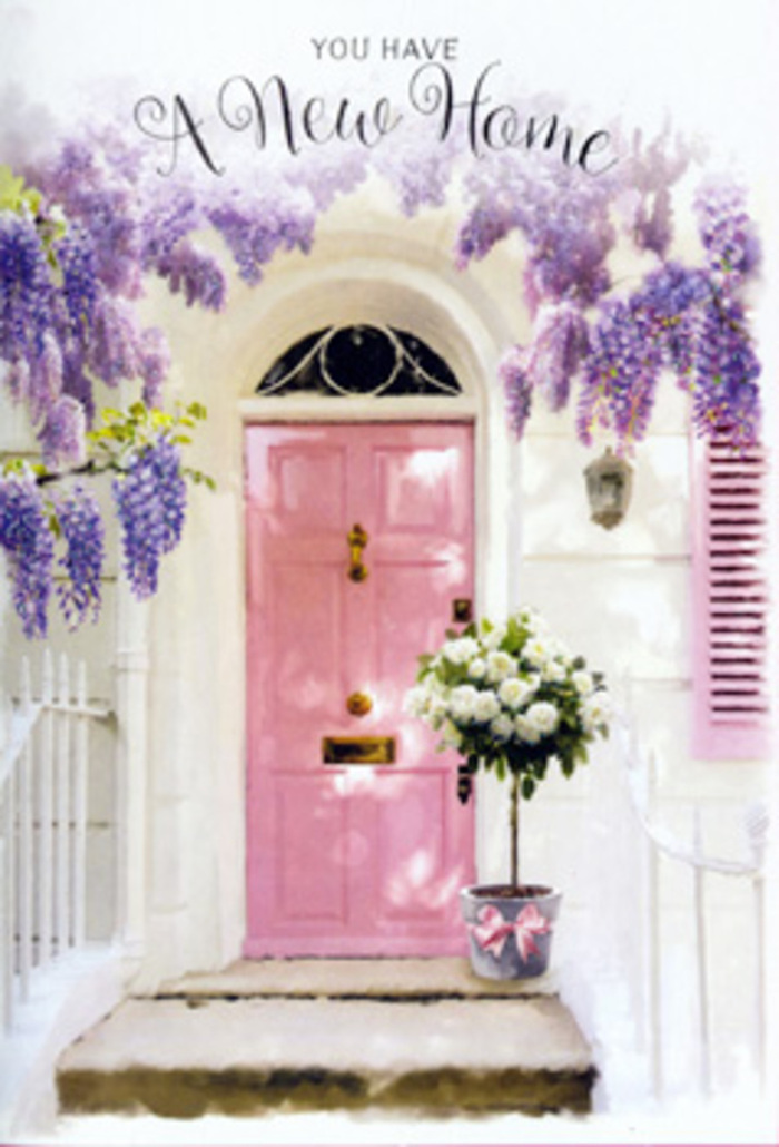 This image shows a serene Camberwell entrance that feels like stepping into the first page of a new chapter. A softly painted pink door, its panels edged with gentle highlights, sits in the centre of the composition, framed by whitewashed walls that have the faintly textured look of old townhouses along Camberwell Church Street. Overhead, wisteria in full spring bloom drapes in velvety cascades of lavender and lilac, its pendant flowers forming a fragrant archway that brushes the top of the doorframe. The blossoms gather densely in some areas and thin out in others, allowing shafts of warm light to slip through and scatter tiny sunflecks onto the doorstep below. Beside the door, or just at its foot, a stylish tin bucket in a muted grey holds a lush bouquet crafted with evident care: creamy white roses, their petals layered and plush, mingle with soft, fresh greenery that adds volume and a hint of woodland texture. A satin ribbon in a gentle blush-pink tone is tied around the bucket, its bow slightly off-centre in that charmingly imperfect way that signals a human hand rather than a factory tie. The arrangement feels both classic and contemporary, the kind of house-warming gift a neighbour might send to someone moving into a new maisonette near Denmark Hill station. The air in the scene seems almost scented-you can imagine the wisteria's sweetness drifting down and blending with the soft perfume of the roses, creating an atmosphere of calm anticipation. It is a visual and emotional tribute to the moment a new house becomes a home, where flowers stand quietly at the threshold, welcoming in all the memories yet to be made.