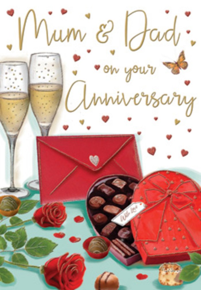 Detailed anniversary card illustration celebrating enduring love, portrayed as a still-life scene that could easily be imagined on a dining table in a Camberwell flat after a family gathering. At the heart of the design, two slim champagne flutes stand close together, each glass filled with a soft golden drink. Fine streams of bubbles shimmer up from the base, catching hints of reflected light as if from candles or gentle evening sunshine filtering through a window near Camberwell Church Street. In front of the flutes, two red roses are laid horizontally across the table, their petals layered and plush, almost touchable, with creamy highlights on the edges where the light catches the bloom. The roses are anchored by glossy, deep green foliage that suggests fresh, florist-selected stems, carefully prepared for a special occasion. To the side sits a heart-shaped box of chocolates, its lid slightly ajar and finished with an opulent red bow, tied in neat, wide loops that cascade over the edge of the box. Inside, a selection of round and square chocolates nestle in neat rows, some with decorative swirls on top, promising rich, shared sweetness. A couple of chocolates are shown outside the box, as though already tasted in a moment of relaxed indulgence. Resting nearby is a scarlet envelope, angled towards the viewer, its flap sealed and hinting at an affectionate anniversary message written by hand. Around the scene, light golden flecks and tiny crimson hearts drift over a soft, neutral background, framing the hand-lettered Mum & Dad greeting. The whole composition radiates intimacy, gratitude, and celebration, like an anniversary toast quietly enjoyed at home after flowers and gifts have been delivered from a trusted Camberwell florist.