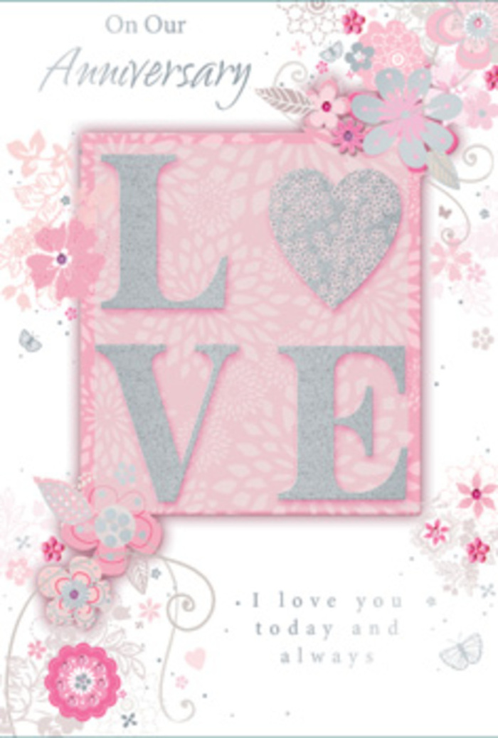 The anniversary card in this image unfolds like a soft, sunlit moment, its design capturing the kind of everyday love that grows quietly over years in Camberwell homes. Dominating the centre is the word LOVE, printed in raised, frosted glitter that shimmers delicately as though brushed with morning light from a window overlooking Camberwell Green. The texture of the letters is distinctly tactile, inviting a gentle touch that mirrors the comforting weight of a hand-tied bouquet. Around this, an airy border of wispy, hand-drawn blooms flows along the edges, their petals drifting inward like a garland. Shades of blush pink, lilac and ivory mingle seamlessly across the card, evoking soft spring blossoms arranged in a vase on a kitchen table. Slender, looping lines form filigree flourishes and dainty leaves, weaving lightly between the flowers, while tiny, almost-hidden butterflies hover at the margins, suggesting the flutter of hearts and quiet excitement that still lingers on each anniversary. The background remains a soft pink, like a watercolour wash, allowing the floral details and shimmering lettering to stand out without feeling heavy. Nestled beneath the main motif, in a graceful yet understated script, is the message, I love you today and always, printed clearly enough to read at a glance but tender enough to invite a pause. The entire composition feels balanced and calm, similar to the thoughtful rhythm of a florist at work in a nearby Camberwell studio, choosing just the right bloom for a long-loved partner. This card is less a loud declaration and more a gentle, enduring promise-like a bouquet of seasonal flowers picked up from a trusted local florist on the way home.