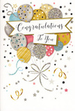 This image shows a luxurious congratulations card that could easily accompany a hand-tied bouquet making its way across Camberwell's tree-lined streets. The design centres around a lush cluster of illustrated balloons, rising together like a celebratory bouquet against a softly coloured background. Each balloon is slightly different in size and pattern, but they share a refined colour palette of gold, silver, champagne, delicate sky blue, warm blush pink, and soft grey. Some are adorned with tiny metallic stars, others with slender stripes or scattered glitter, all giving the impression of a gentle, sparkling sheen rather than harsh shine, much like the mellow evening light over Camberwell Green. A flowing banner stretches across the middle of the card, elegantly carrying the message Congratulations To You in beautifully curved, handwritten-style lettering. The script has a personal, almost bespoke feel, as if carefully penned for the recipient. Around the balloons and banner, slender ribbons curl and cascade like party streamers, while clusters of small stars and dots of confetti drift across the scene in gold and silver tones. These details create a sense of movement and festivity, reminiscent of stepping into a surprise party above a shop on Denmark Hill. There's a subtle suggestion of raised glitter and glossy ink, hinting at texture you would feel if you ran your hand over the card's surface. The overall atmosphere is one of light, graceful celebration-perfect for marking exam successes, new jobs in central London, or personal milestones-capturing the same warm pride and happiness that a thoughtfully arranged bouquet from a local Camberwell florist would bring to someone special.
