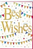 This Best Wishes card radiates the kind of cheerful charm you might associate with a summer fair near Camberwell Green, captured here in ink, glitter, and clean white card. At the centre, the phrase Best Wishes is written in bold, flowing gold script, each letter slightly raised to suggest a luxurious, foiled finish that gleams softly when viewed from different angles. The gold has a warm tone, more like polished brass than harsh metallic, giving the message a welcoming glow rather than a flashy shine. Curving gently above and below the greeting, strings of colourful bunting stretch across the card, turning the space into a miniature celebration. Every small triangular flag is a different lively colour-inky blue, cherry red, grass green, sunshine yellow, and magenta-decorated with tiny stripes, polka dots, and geometric designs that give the impression of individually crafted pieces. Between these arches of bunting, the crisp white background is dotted with small star shapes and round confetti-like spots, scattered as though tossed by an unseen hand in a moment of joy. The colours of these accents mirror the bunting, tying the whole design together without overwhelming the sense of space. The composition feels airy yet festive, like bunting strung above a quiet side street off Camberwell Church Street. The card's mood is unmistakably positive-ideal for celebrating a promotion, exam success, a new baby, or simply sending encouragement to someone starting a new chapter. The combination of luminous gold lettering, playful bunting, and soft confetti details makes it look ready to slip into a bouquet leaving Camberwell Flowers for same-day delivery, carrying with it a heartfelt message of support and celebration.