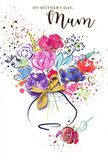 Watercolour Mother's Day card design depicting a joyful bouquet that seems to burst from the page, echoing the lively mix of colours found in Camberwell's local flower stalls and weekend markets. Broad, fluid strokes of deep indigo cradle and accentuate vivid cerise, fuchsia, and soft rose-pink blooms that resemble open roses at the height of their beauty. Around these, pools of lavender, pale blue, and warm apricot gently overlap, the pigments diffusing softly into one another to convey the easy blending of generations within a family. Delicate touches of gold ink or paint outline a few petals and leaves and appear in sparkling droplets, suggesting sunlight glancing across a vase on a kitchen table in a Camberwell terrace home. The flowers gather in a rounded vase at the base of the image, rendered with transparent, watery blues and soft greys, and finished with a precisely painted golden bow that hints at careful gift wrapping and the anticipation of giving. Scattered hearts, splatters, and colourful flecks radiate outward, like petals tossed in celebration or confetti drifting over a Mother's Day brunch on a nearby side street. The generous use of white space keeps the composition airy and modern, while the concentrated colour in the bouquet draws the focus firmly to the feeling of love at its centre. This illustration functions as both greeting and bouquet, offering a tender, visually rich way for someone in Camberwell to say thank you, mum with colour, movement, and warmth preserved on paper.