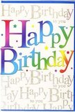 This illustrated birthday card presents a cheerful, modern design that captures the lively spirit of a celebration in Camberwell, as if you've stepped into a room just as the candles are being lit. Across the centre, in big, friendly letters, the words Happy Birthday stretch from edge to edge, each letter sporting a different segment of a continuous rainbow gradient. The colours progress fluidly from rich crimson and magenta into tangerine and sunny yellow, then dip into soft lime and deeper green, flowing onward into teal, royal blue, and finally violet. The effect is playful yet polished, comparable to a carefully arranged spectrum of flowers in a shop window near Camberwell Green. Behind this exuberant lettering lies a pale background layered with the phrase Happy Birthday to you written repeatedly in an elegant, cursive gold script. The writing appears fine and delicate, almost like someone has lovingly written the message again and again, the metallic finish glimmering softly as though touched by late-afternoon light peeking into a Camberwell townhouse. The script moves in graceful loops and swirls across the entire card, creating a subtle texture that contrasts beautifully with the solid, confident shapes of the main text. Light sprinklings of tiny coloured dots and miniature star shapes orbit around the central message, echoing confetti tossed in the air at a joyful gathering. The overall impression is one of buoyant happiness balanced with a touch of sophistication, making the card suitable for milestone birthdays or simple, heartfelt wishes. It feels like the kind of card you'd choose to accompany a bright, mixed bouquet delivered to a friend nearby, ensuring the moment feels extra special and truly memorable.