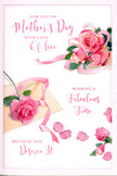 This Mother's Day card is composed like a serene floral portrait, its main focus a romantic sweep of pink roses drifting diagonally across a crisp, light background. The roses themselves appear lush and full, with layered petals that transition from very soft, almost white blush tones at the outer edges to richer pinks closer to the heart of each bloom, creating a sense of depth and tenderness. Scattered around the main grouping are loose petals, placed as though they have gently fallen from the bouquet, giving the composition a dreamy, almost poetic quality. A ribbon in a muted, pastel shade winds through the arrangement, curving gracefully between the flowers and softly tying the design together in the same way a florist knots the final bow on a bouquet destined for delivery around Camberwell. Flowing, cursive lettering arcs among the roses, carrying a heartfelt Mother's Day message that appears hand-written, with elegant loops and flourishes that echo the spiral of the petals. The lighting is soft and diffused, like gentle daylight through a window overlooking the tree-lined streets near Camberwell New Road, casting subtle shadows that give each bloom dimension without overwhelming the calm mood. The overall effect is intimate and affectionate, evoking the feeling of placing this card beside a vase of fresh roses on a breakfast tray, an understated yet deeply personal gesture of appreciation for a mother, grandmother, or cherished maternal figure.