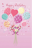 Delicate birthday card illustration showing a dreamy mix of pastel balloons and a hand-tied bouquet, styled with the artistic flair you might expect from a Camberwell florist. The scene unfolds on a soft pink background, reminiscent of a calm evening sky over Camberwell's leafy terraces. A cluster of balloons rises from the centre-some perfectly round, others heart-shaped-painted in blush pink, creamy ivory, minty green, lemon yellow, and lavender. Each one carries a distinct personality: candy-stripe ribbons curling around one, light-hearted polka dots skipping across another, floral motifs blooming across others, with a central heart balloon radiating affection. Below, a compact bouquet gathers at the base of the strings, brimming with small roses and anemone-like flowers in ivory, blush, and gentle mauve. The petals look feathery and soft, layered like folded fabric, and the stems are tied in a violet satin bow that gleams lightly, like party décor catching the glow of fairy lights at a birthday gathering near Burgess Park. Tiny stars and butterflies scatter through the illustration, adding a touch of storybook magic, as if the bouquet were lifting into a birthday daydream. The overall impression is light, airy, and joy-filled, capturing the feeling of a spring morning when fresh flowers are delivered across Camberwell-an image that turns a simple birthday card into a tender, unforgettable message of celebration and love.