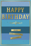 This birthday card is presented as though propped on a neat hall table in a Camberwell home, offering a soothing yet unmistakably festive impression. The background is built from broad, horizontal blue stripes that blend gently into one another, progressing from a deep navy at the bottom through mid-tone denim and teal into a pale, airy sky blue at the top, like watching daybreak unfold over nearby Myatt's Fields Park. Across the center, the phrase HAPPY BIRTHDAY appears in large, gleaming gold capital letters, each one embossed so that it rises slightly from the surface and reflects light with a soft, celebratory glow. Directly underneath, a decorative golden flourish unfurls in a single, graceful stroke, adding a hint of old-world charm and separating the main greeting from the message below. Lower down, three narrow gold banners line up in a tidy vertical stack, each banner finished in matching metallic foil and carrying part of the friendly sentiment: Relax, have a great day and enjoy! The interplay between the matte, velvety blues and the raised, reflective gold creates a subtle but engaging texture, suggesting the pleasant feel of quality card stock between your fingers. A slim gold line runs all the way around the edge, framing the design with a sense of order and completion, like a picture frame on a well-loved wall. You can almost imagine this card standing alongside a vase of fresh birthday flowers delivered locally around Camberwell, catching the gentle light and lending the celebration an air of calm, thoughtful appreciation.